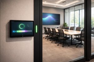 salle connectée : gérez facilement la réservation, la présence et l'accès grâce à une tablette tactile microsoft placée devant la porte.