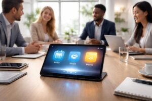 optimisez vos réunions avec notre tablette tactile intuitive qui permet de lancer l'agenda, les visioconférences et le contenu en un seul clic pour une expérience fluide et efficace.