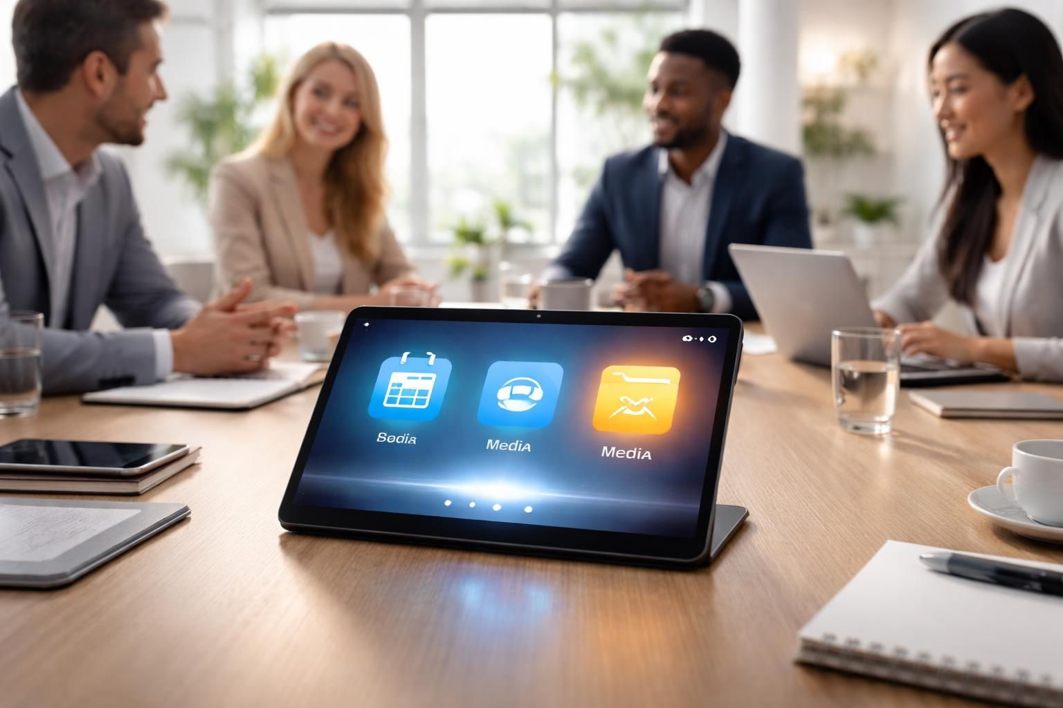 optimisez vos réunions avec notre tablette tactile intuitive qui permet de lancer l'agenda, les visioconférences et le contenu en un seul clic pour une expérience fluide et efficace.