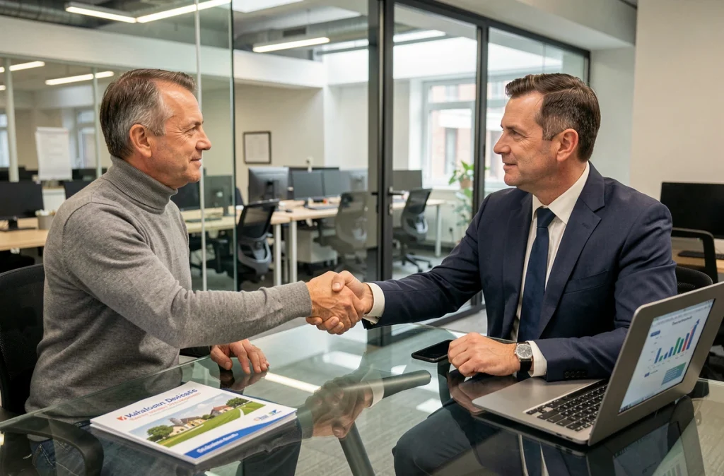 Entrepreneur et représentant institutionnel concluant un accord lié aux nouvelles mesures fiscales pour l'innovation en Wallonie