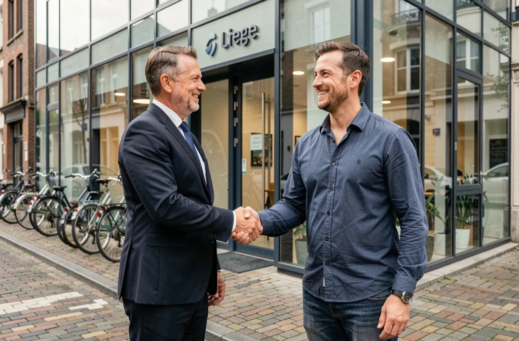 Poignée de main entre un investisseur étranger et un fondateur de start-up belge devant leurs bureaux à Liège