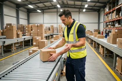 Agent logistique examinant un colis bloqué sur un convoyeur dans un hub de tri postal Harnes