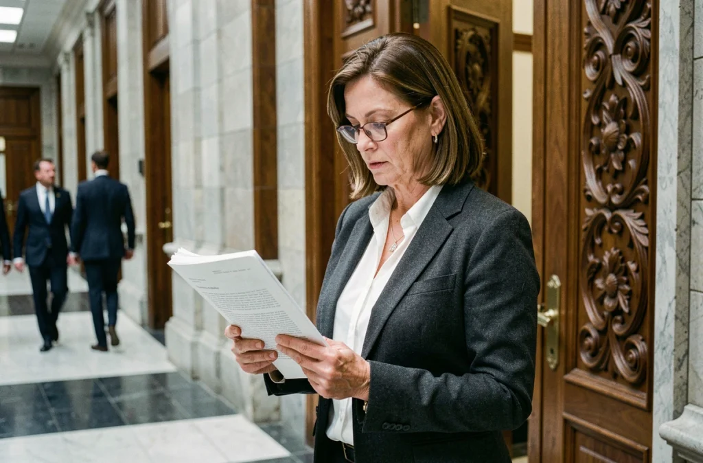 Avocate consultant un dossier juridique dans un couloir de tribunal illustrant les procédures légales liées à la faillite d'entreprise et la responsabilité du dirigeant