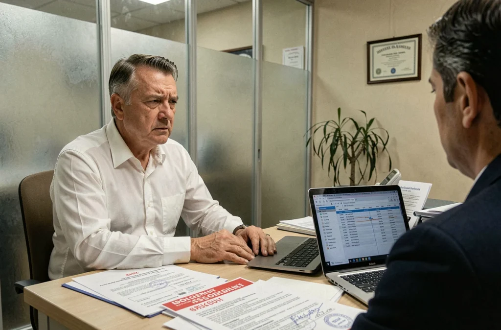 Chef d'entreprise en difficulté financière face à un conseiller bancaire entouré de documents d'insolvabilité illustrant les conséquences personnelles d'une faillite