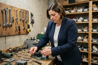 Cheffe de PME inspectant des composants électroniques récupérés dans un atelier de réemploi dans le cadre de l'économie circulaire