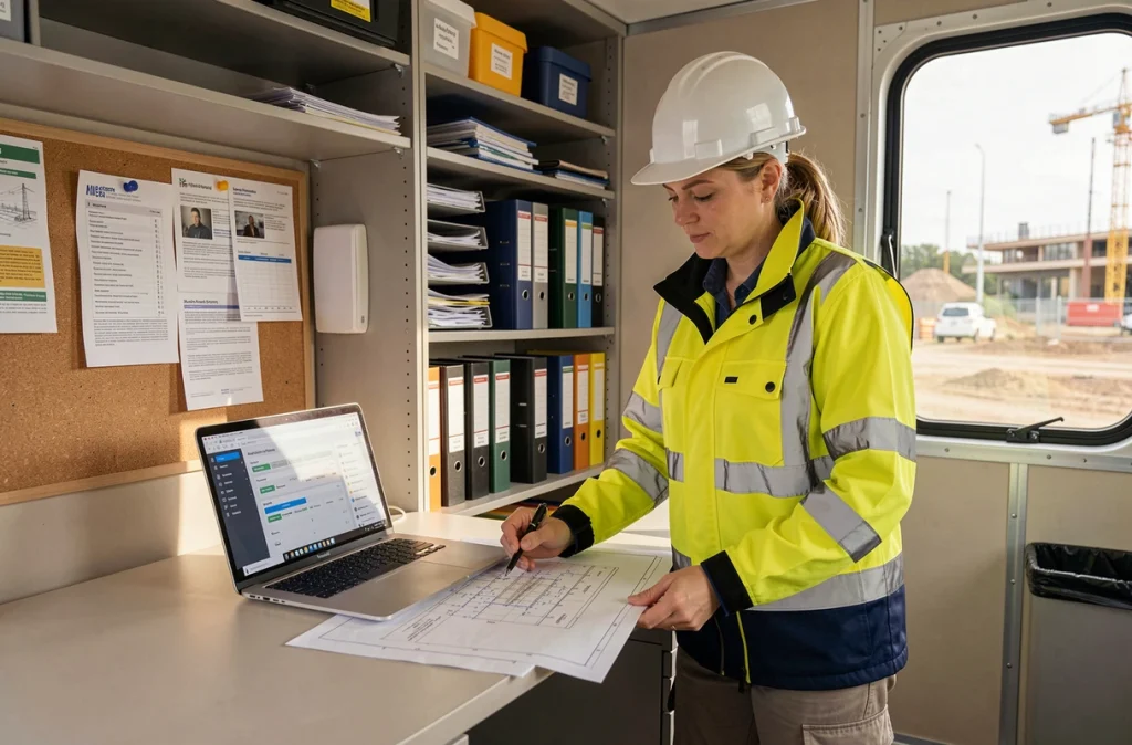 Conductrice de travaux analysant des plans et un tableau de bord de gestion de chantier dans un bureau de chantier