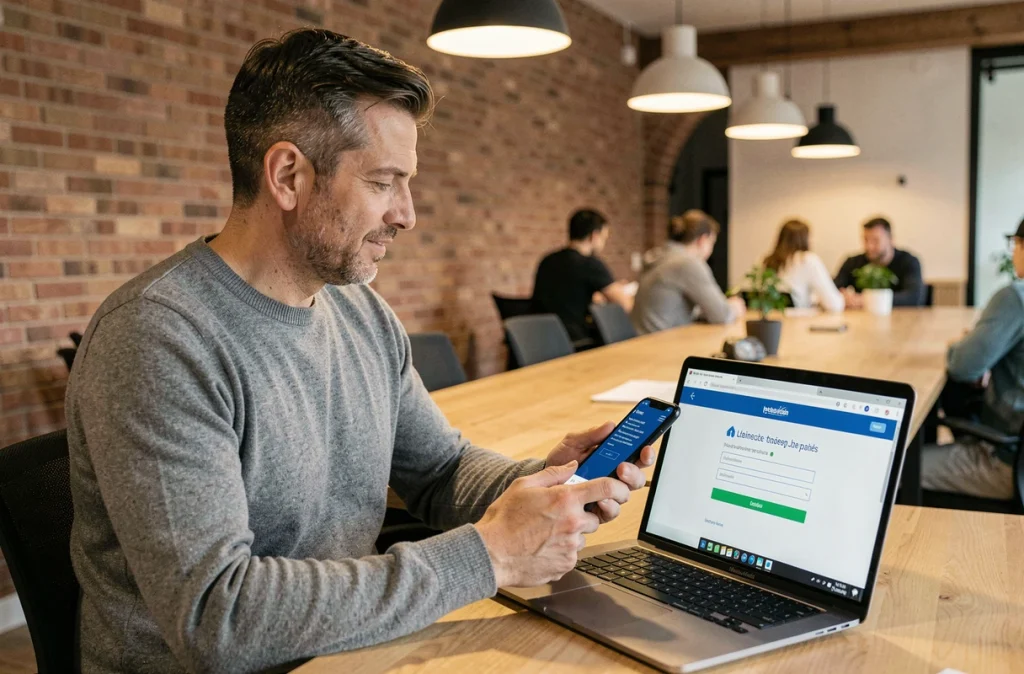 Homme utilisant l'authentification à deux facteurs pour se connecter à son compte Urssaf dans un espace de coworking