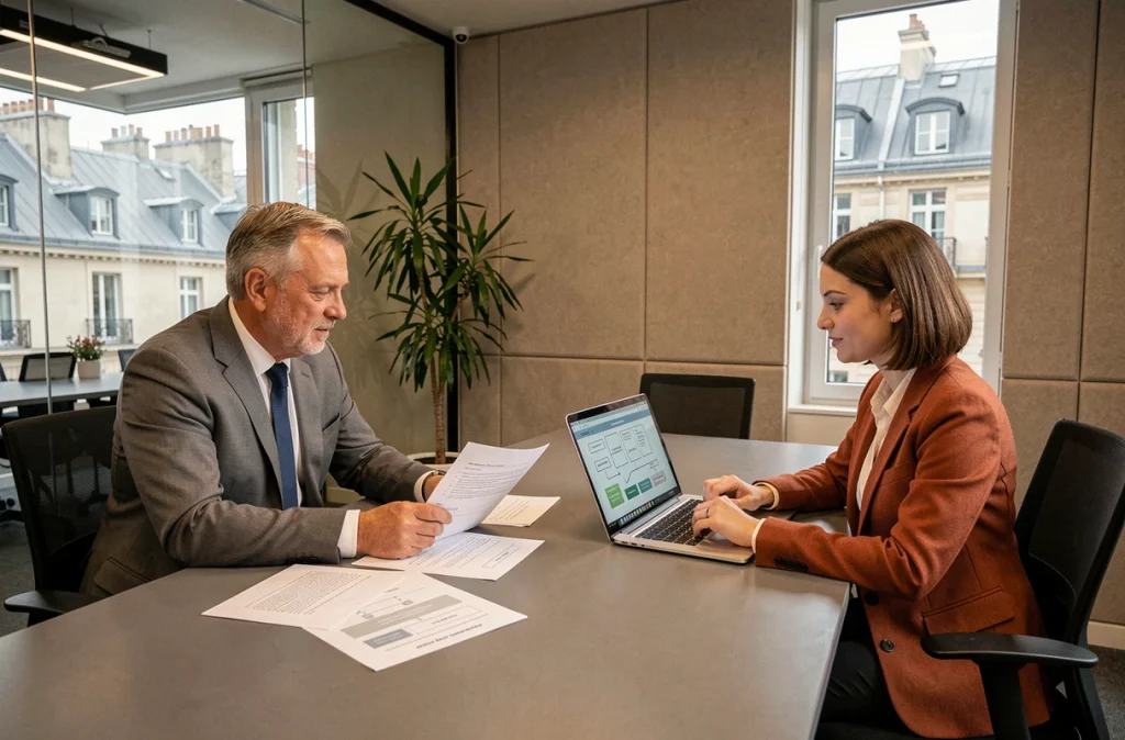Deux consultants en logistique discutant d'un projet de traçabilité RFID et blockchain dans une salle de réunion à Paris