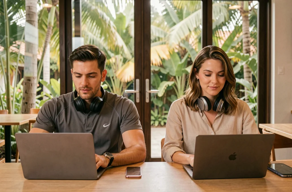 Couple de digital nomads travaillant côte à côte dans un coworking café à l'étranger