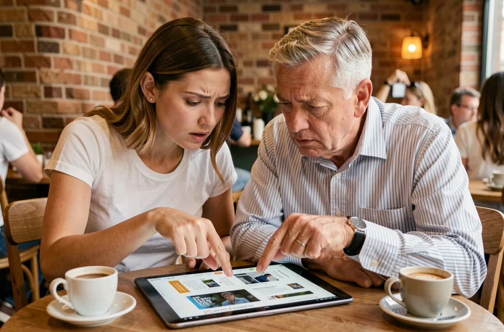 Deux collègues comparant des sites web similaires sur une tablette dans un café pour détecter un faux portail