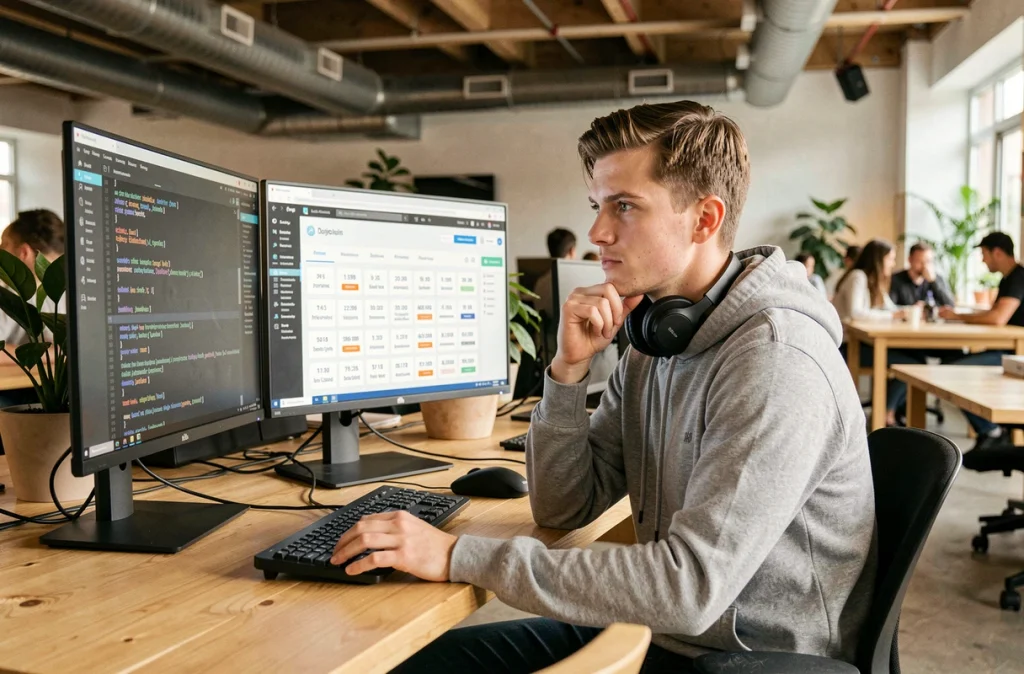 Développeur informatique consultant des offres d'emploi non pourvues dans un espace de coworking, illustrant la tension sur le marché des talents numériques