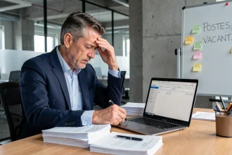 Directeur d'entreprise frustré face à une pénurie de candidats qualifiés en informatique, entouré de CV non pourvus dans un bureau moderne