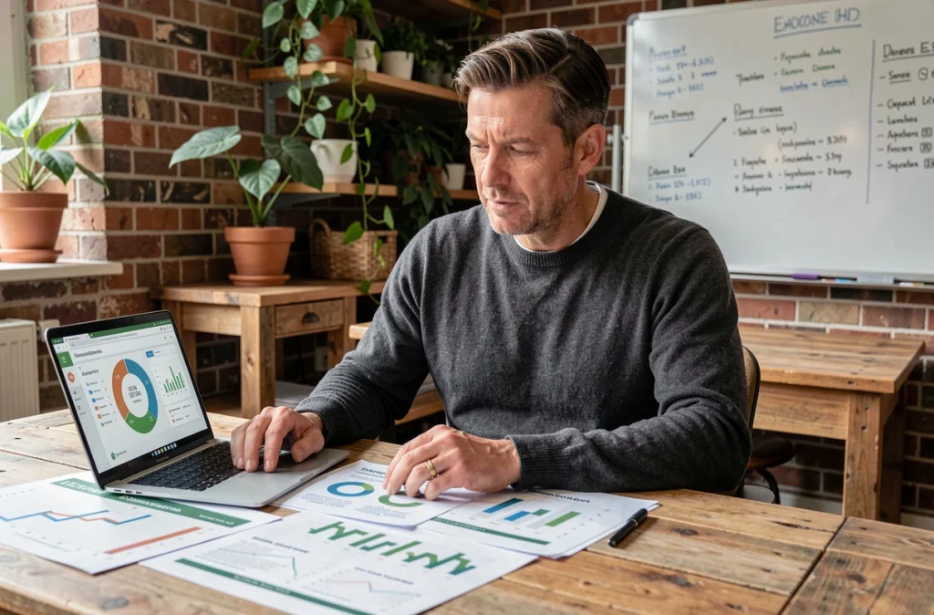 Dirigeant de PME analysant des rapports sur l'économie circulaire dans un bureau moderne à l'ambiance éco-responsable