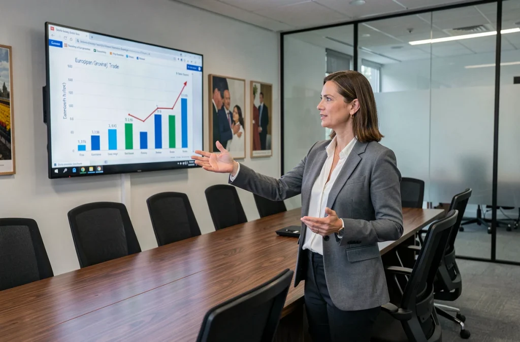 Économiste présentant des statistiques de croissance des exportations belges lors d'une conférence d'affaires à Bruxelles