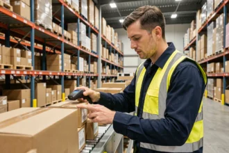 Employé de Kuehne Nagel scannant des colis dans un entrepôt logistique moderne