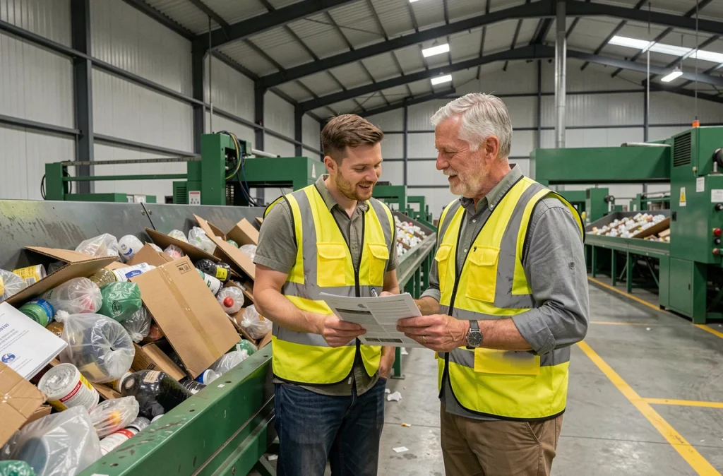 Deux employés d'une PME discutant d'un plan de tri des matériaux dans un centre de recyclage industriel