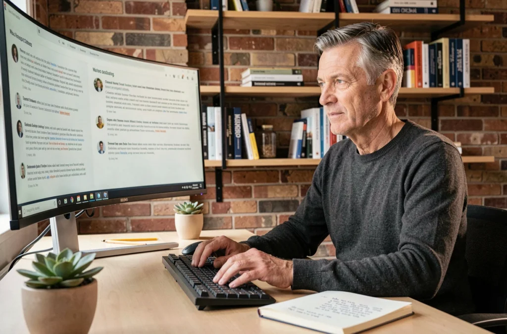 Entrepreneur consultant lisant des avis et témoignages clients sur un abonnement B2B depuis son bureau à domicile