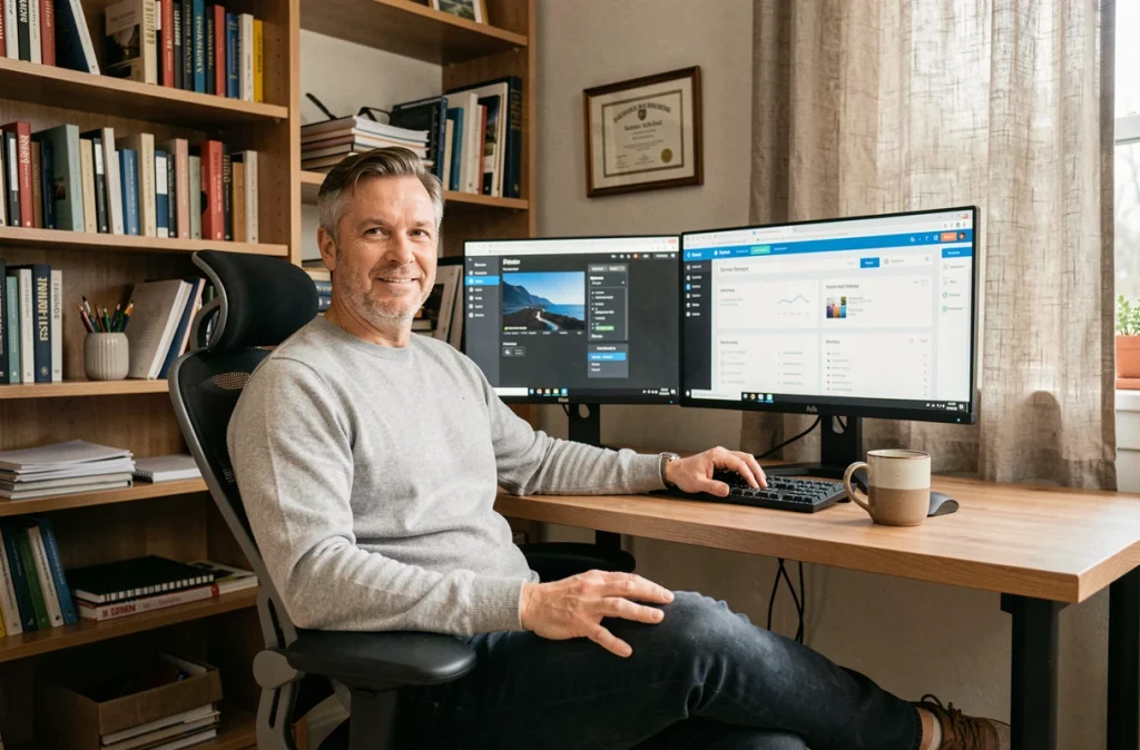 Entrepreneur satisfait travaillant depuis son bureau à domicile avec une interface de plateforme professionnelle, représentant le retour d'expérience positif d'un utilisateur