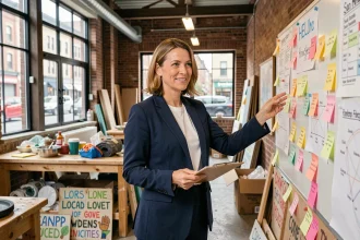 Entrepreneuse sociale présentant un projet collaboratif dans un atelier urbain reconverti