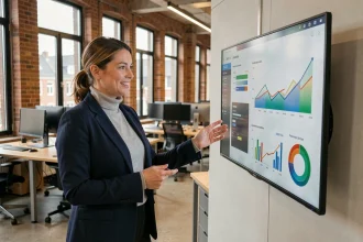 Entrepreneuse belge dans une startup tech à Bruxelles présentant des graphiques de croissance dans un bureau moderne