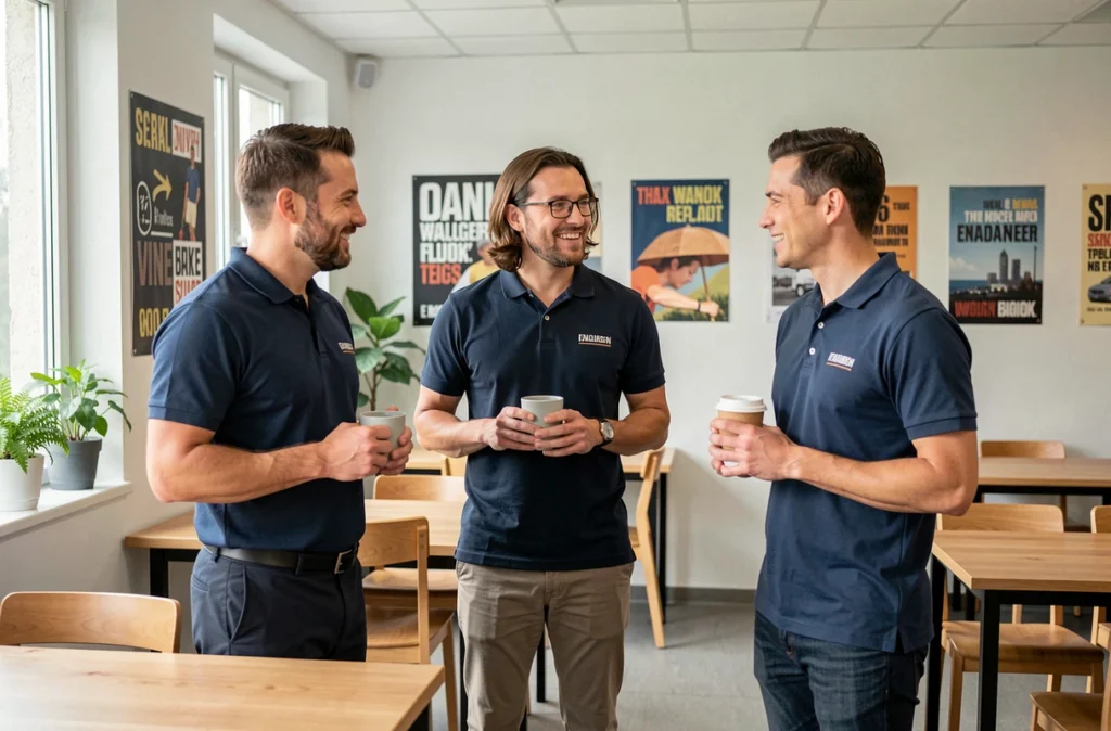 Équipe de collaborateurs Kuehne Nagel en pause dans la salle de repos d'un site logistique
