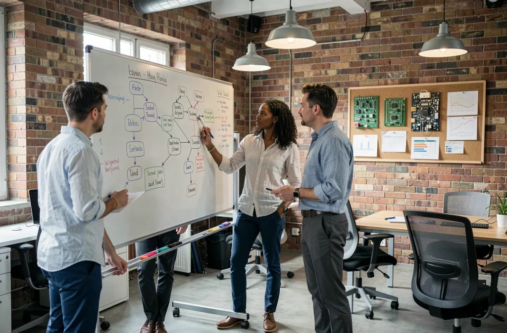 Équipe d'ingénieurs collaborant sur des projets d'innovation dans une startup technologique en Wallonie