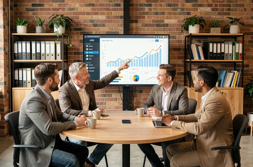 Équipe de professionnels en réunion analysant des tableaux de bord numériques, symbolisant la collaboration et la réussite d'entreprise avec un outil en ligne