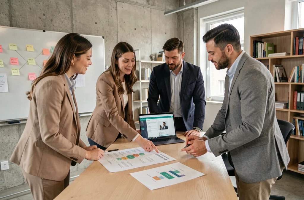 Équipe RH en réunion stratégique autour d'un bureau de service RH avec outils numériques