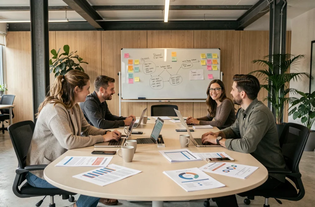 Équipe multiculturelle de professionnels tech en réunion stratégique dans un espace de coworking belge