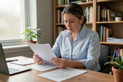 Femme consultant des documents ASP Pôle emploi à son bureau à domicile