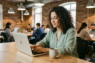 Femme en télétravail dans un espace de coworking moderne avec murs en briques apparentes et laptop ouvert