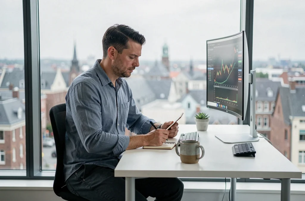 Fondateur de startup belge analysant des données financières dans un bureau avec vue sur la ville de Gand