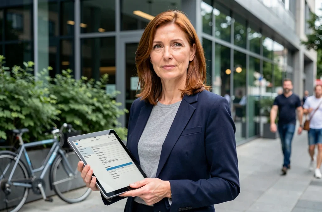 Femme indépendante tenant une tablette devant un espace de coworking en ville lors de l'entrée en vigueur de la réforme