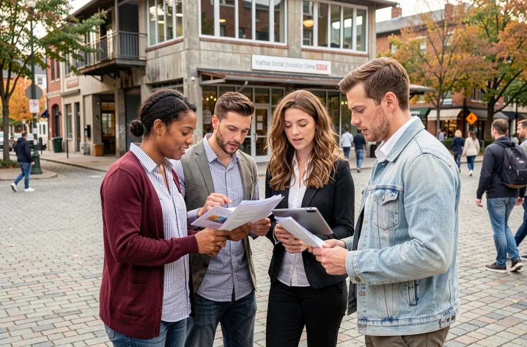 Groupe d'entrepreneurs sociaux réunis devant un centre d'innovation sociale en milieu urbain