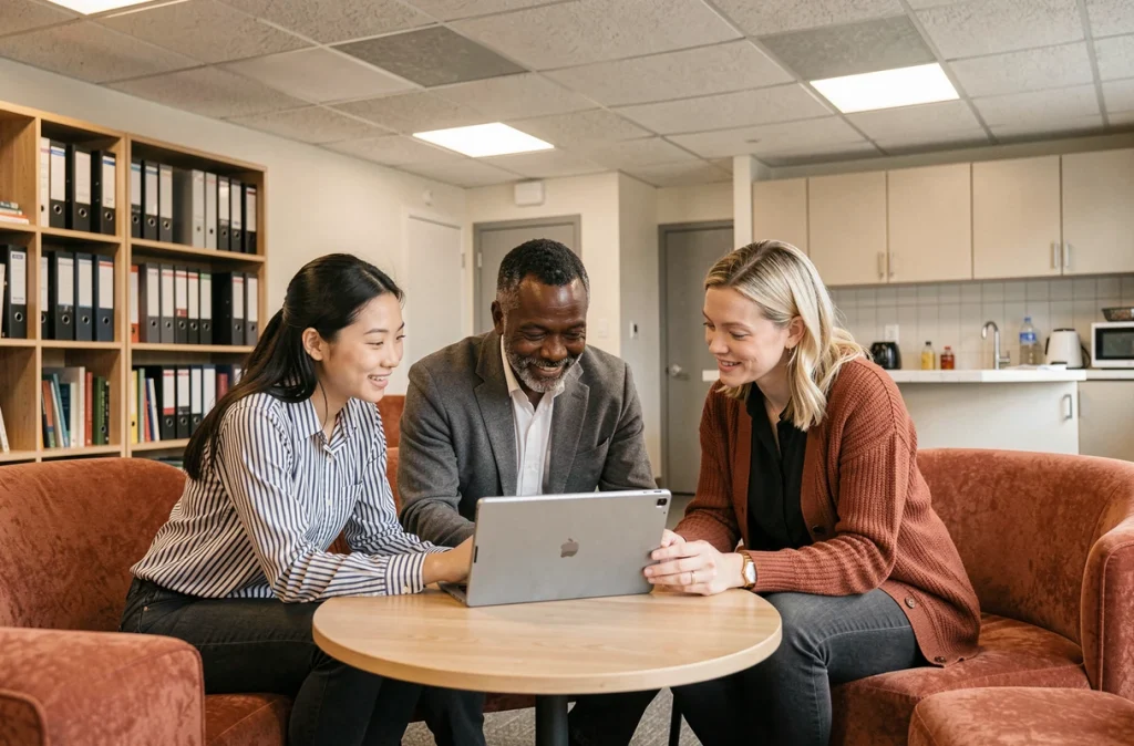Groupe de trois professionnels en réunion informelle dans un espace de coworking collaboratif avec mobilier modulable