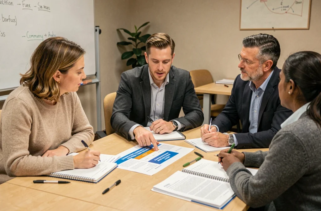 Groupe de personnes en réunion discutant des droits ouverts et des démarches ASP Pôle emploi