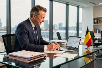 Homme d'affaires belge examinant des documents d'exportation dans un bureau moderne à Bruxelles, illustrant la croissance des exportations belges