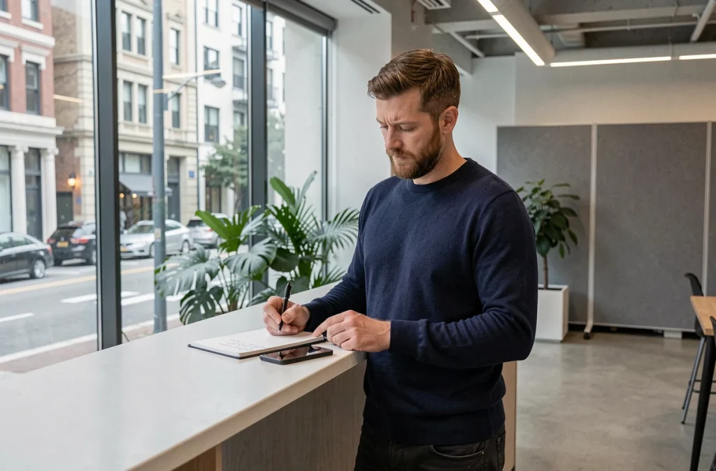 Homme debout dans un espace de coworking lumineux avec grandes fenêtres urbaines, consultant ses notes