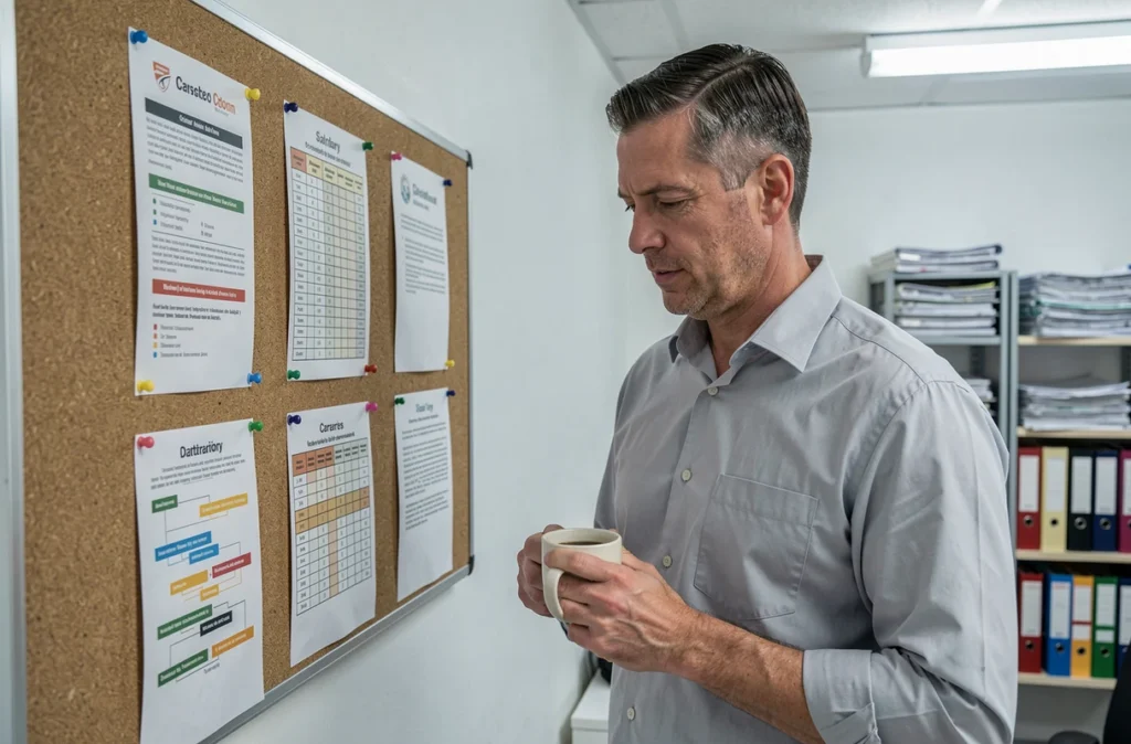 Homme analysant une grille salariale de la fonction publique lors d'une reconversion de carrière