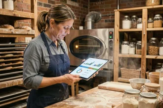 Artisane boulangère consultant une tablette avec des outils d'intelligence artificielle dans sa boulangerie traditionnelle