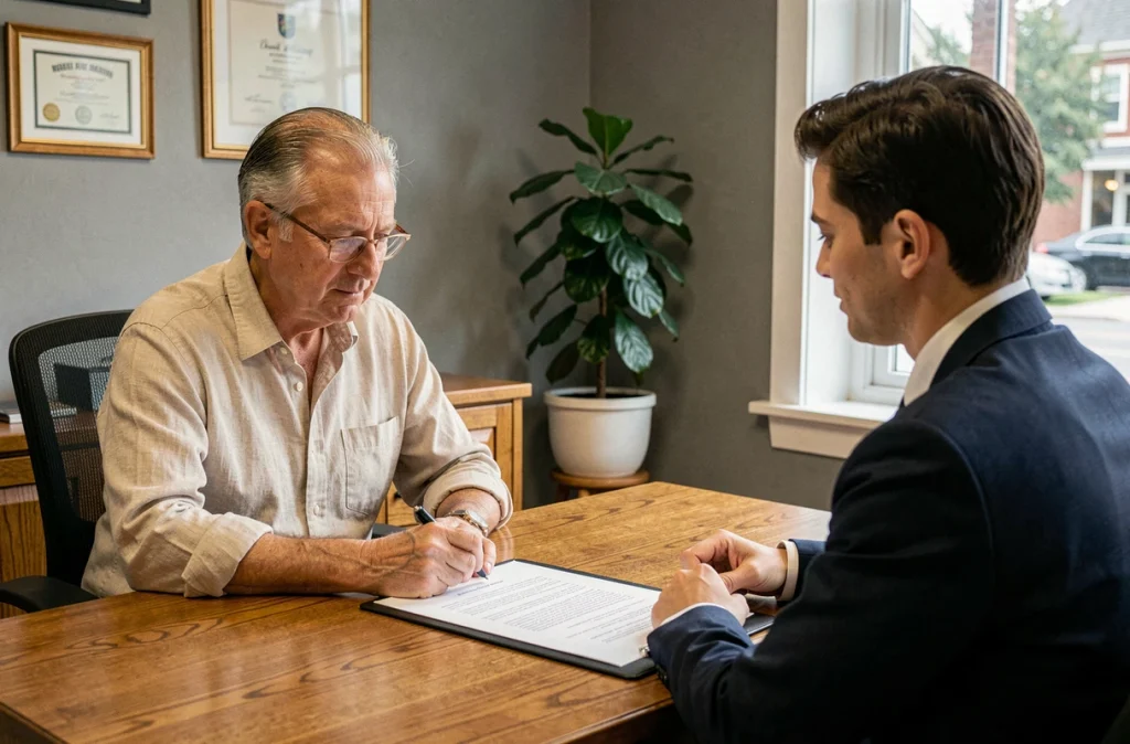 Travailleur indépendant en consultation avec un conseiller juridique pour comprendre la réforme du statut en vigueur