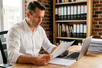 Travailleur indépendant consultant des documents légaux sur la réforme du statut d'auto-entrepreneur à son bureau à domicile