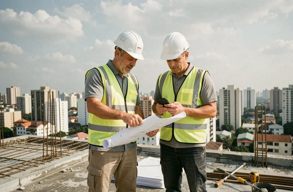 Deux ingénieurs BTP consultant un suivi de chantier numérique sur smartphone en haut d'un bâtiment en construction