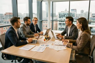 Réunion d'investisseurs étrangers avec des entrepreneurs belges dans un bureau moderne à Bruxelles