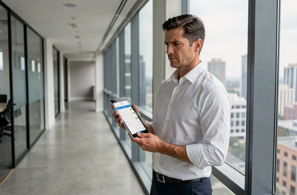 Manager RH évaluant une solution de RH desk sur tablette dans un couloir de bureau moderne