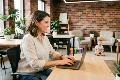 Mère en télétravail dans un espace de coworking avec coin enfants visible en arrière-plan