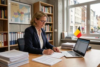Femme professionnelle analysant des documents de politique fiscale dans un bureau gouvernemental wallon