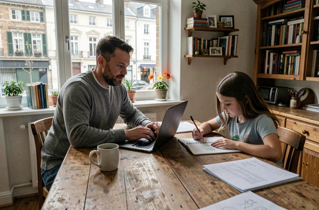 Père en télétravail à la maison avec sa fille faisant un dessin à côté de lui