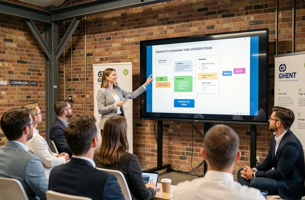 Entrepreneuse belge présentant son projet à des investisseurs internationaux dans un espace de coworking