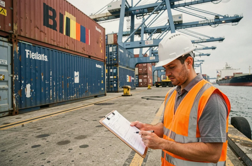 Travailleur logistique inspectant des conteneurs de fret au port d'Anvers, symbole de la progression des exportations belges ce trimestre